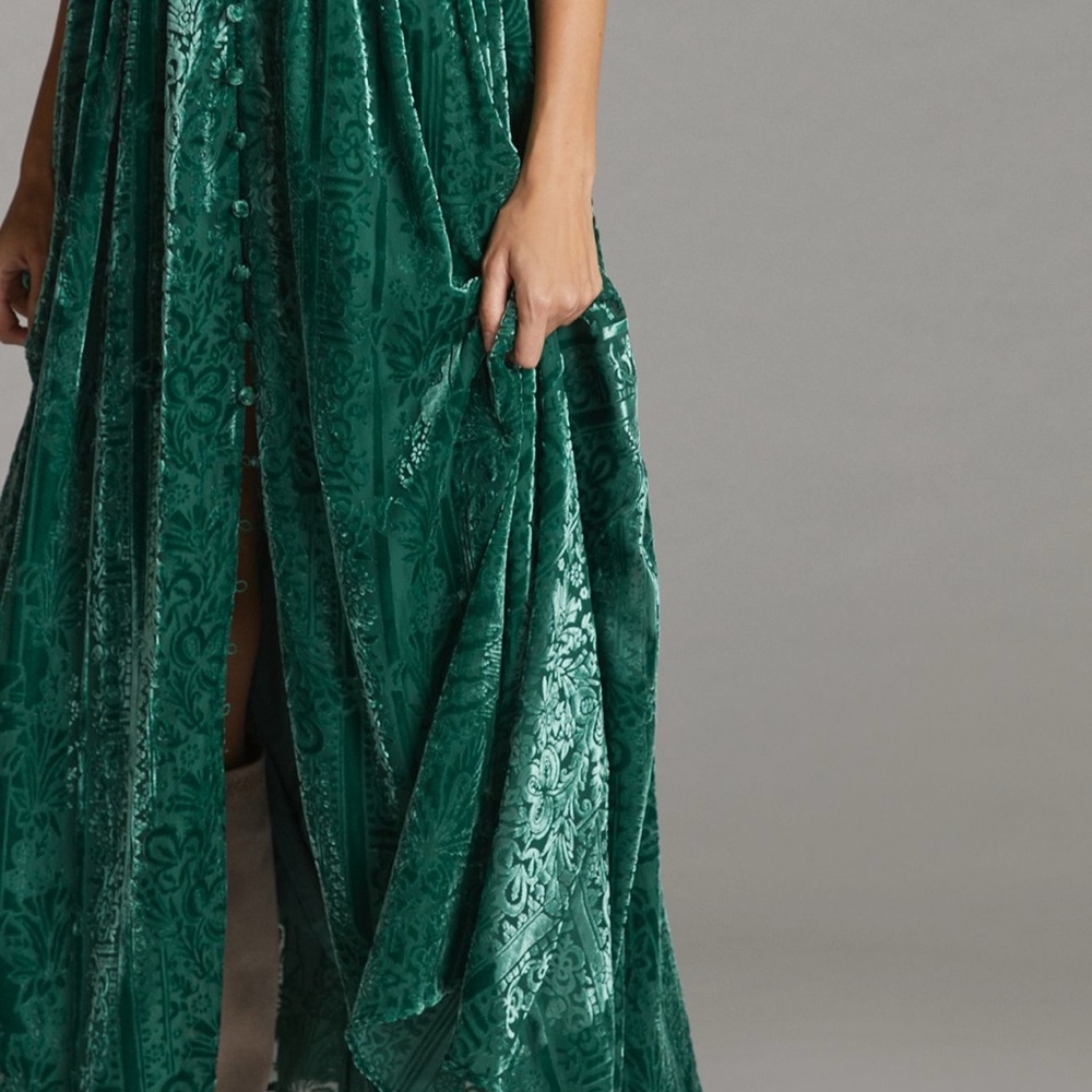 Anthropologie Katerina Puff Sleeve Burnout Velvet Maxi Dress Emerald Green 12 - Picture 3 of 6